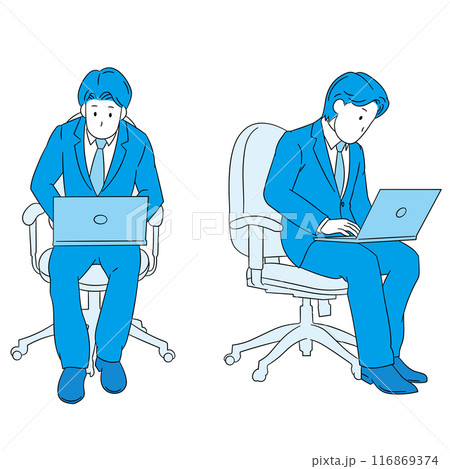椅子に座りノートパソコンを操作しているビジネスパーソン（男性）イラストの素材 116869374