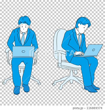 坐在椅子上操作筆記型電腦的商務人士（男）插畫素材 116869374