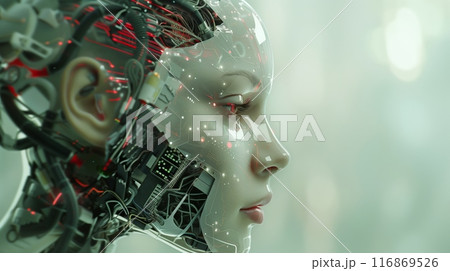 Picture a sophisticated female cyborg with advanced AI in a futuristic environment 116869526