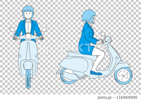 Illustration of a business person (female) driving a scooter Illustration of a business person (female) driving a scooter 116869890