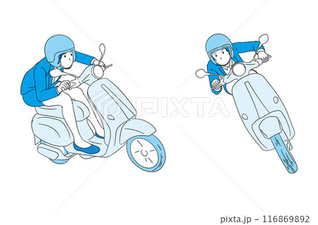 スクーターでコーナーを攻めるビジネスパーソン（女性）イラスト素材 116869892