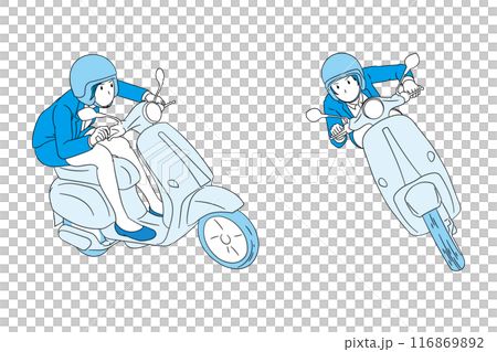 スクーターでコーナーを攻めるビジネスパーソン（女性）イラスト素材 116869892