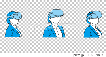 VRゴーグルをかけるビジネスパーソン（女性）イラスト素材 116869894