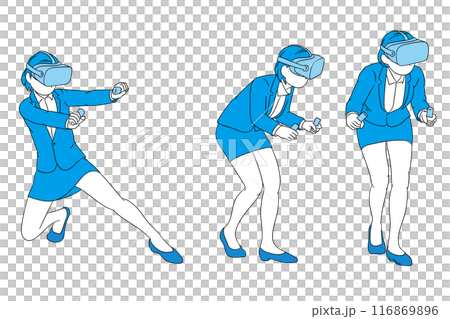 戴著VR眼鏡享受虛擬實境的商務人士（女）插畫素材 116869896