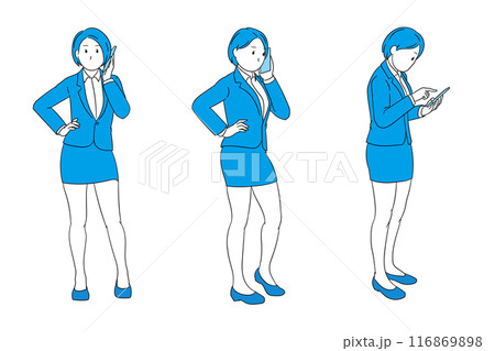 携帯電話で通話中&操作中のビジネスパーソン（女性）イラスト素材 116869898