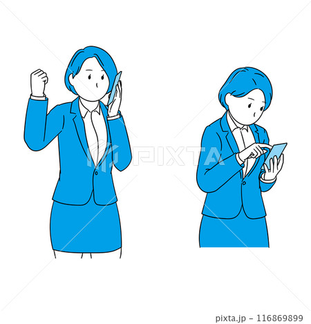 携帯電話で通話しながらガッツポーズ&操作中のビジネスパーソン（女性）イラスト素材 116869899