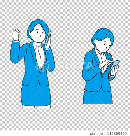携帯電話で通話しながらガッツポーズ&操作中のビジネスパーソン（女性）イラスト素材 116869899