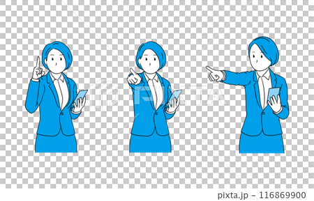 Illustration of a business person (female) holding a smartphone and pointing Illustration of a business person (female) holding a smartphone and pointing 116869900