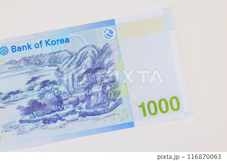 New banknotes 1000 Won issued by National Bank of Korea in South Korea rear view 116870063