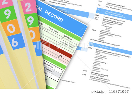 Picture of medical record and ICD-10 code document for background. Picture of medical record and ICD-10 code document for background. 116871097