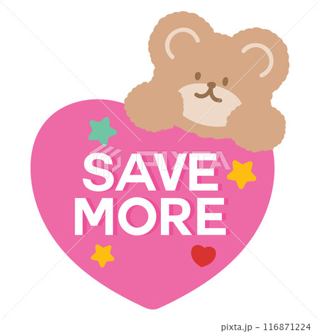 SAVE MORE sale badge with teddy bear for online shopping, marketing, promotion, sticker, banner, special price, discount, social media, print, template, campaign, web, cartoon, button, animal, ad, zoo 116871224