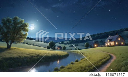 月夜の草原の風景 116871267