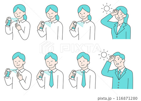 服に冷却スプレーを吹きかける男性と女性のシンプルなイラスト 116871280