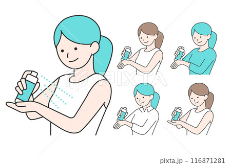 体にスプレーを吹きかける女性のシンプルなイラスト 体にスプレーを吹きかける女性のシンプルなイラスト 116871281