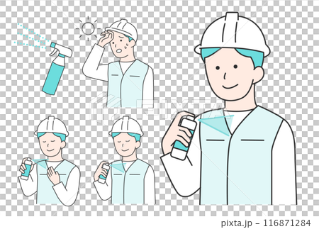 服に冷却スプレーを吹きかける男性の作業員のシンプルなイラスト 服に冷却スプレーを吹きかける男性の作業員のシンプルなイラスト 116871284
