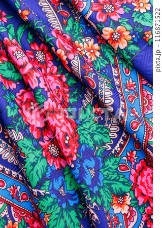 Blue Russian winter scarf with vivid floral design. Blue Russian winter scarf with vivid floral design. 116871522