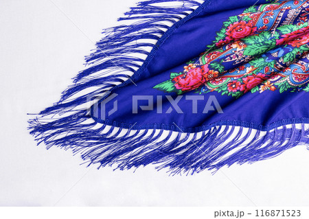 Blue Russian winter scarf with vivid floral design. 116871523