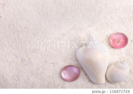 Border with seashells and red glass pebbles on white sand. 116871729