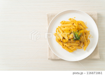 pumpkin penne pasta alfredo sauce 116871861