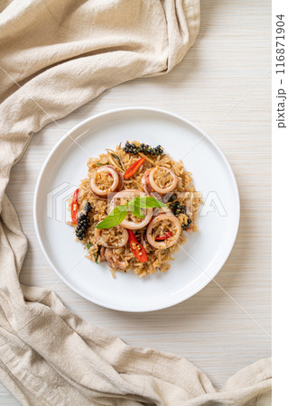 Basil and Spicy Herb Fried Rice with Squid or Octopus 116871904