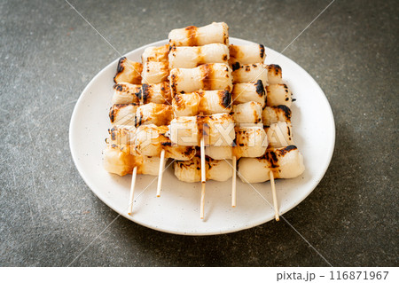 grilled tube shaped fish paste cake skewe or tube squid skewer 116871967