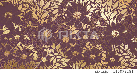 Golden Metallic Foiled Contour Flowers and Leaves on Eggplant Color Background. Luxurious Art Deco Wallpaper Design for Print, Poster, Cover, Banner, Invitation, Package, Beauty Products. 116872181