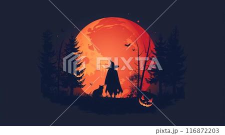 A witch stands in front of a large red moon 116872203