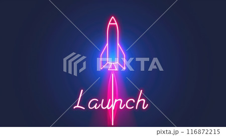 A neon sign of a rocket launching with the word launch below it A neon sign of a rocket launching with the word launch below it 116872215