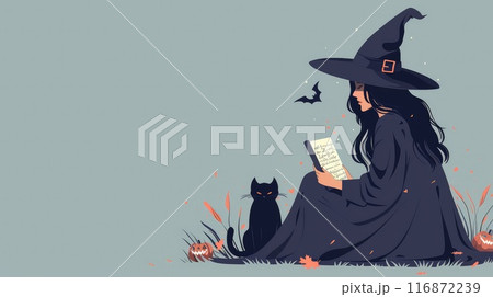A woman in a witch costume is reading a book while a cat sits beside her 116872239