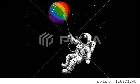 A cartoon of a man in a space suit holding a rainbow colored balloon A cartoon of a man in a space suit holding a rainbow colored balloon 116872249