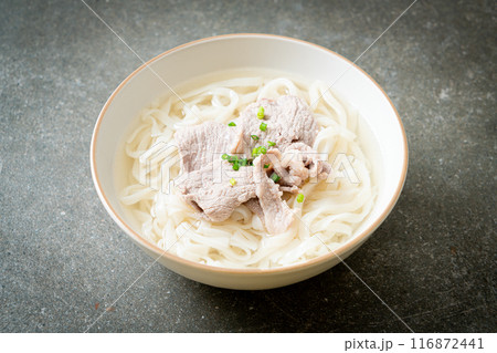 udon noodles with pork in clear soup udon noodles with pork in clear soup 116872441