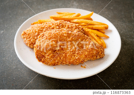 fried chicken breast fillet steak with french fries fried chicken breast fillet steak with french fries 116873363
