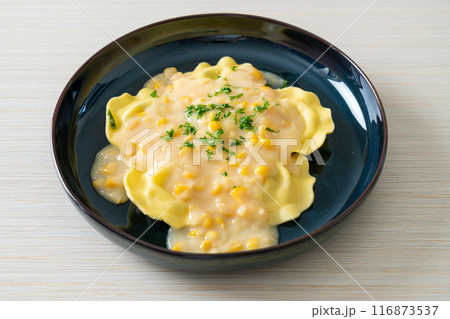 ravioli pasta with corn cheese sauce 116873537