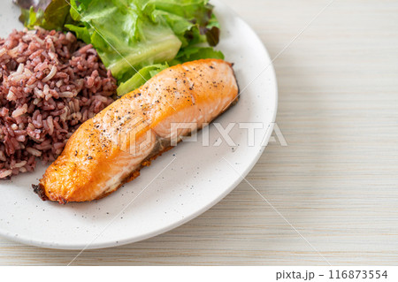grilled salmon fillet steak with rice berry and vegetable grilled salmon fillet steak with rice berry and vegetable 116873554