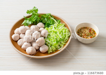 pork meatball with vegetable and spicy sauce pork meatball with vegetable and spicy sauce 116873680