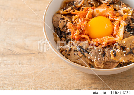 pork bulgogi rice bowl with kimchi and Korean pickled egg 116873720