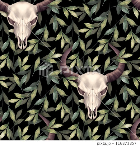 Seamless pattern with skull and leaves. Decoration floral motif wallpaper, wrapping, cards, halloween decor. 116873857