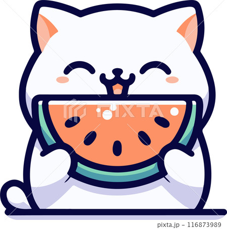 スイカを食べる白い猫のキュートなイラストのイラスト素材 [116873989