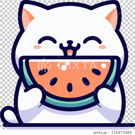 スイカを食べる白い猫のキュートなイラストのイラスト素材 [116873989