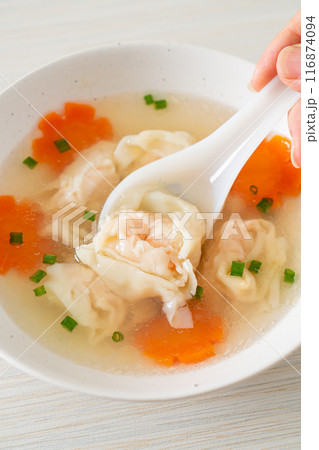 shrimp dumpling soup in white bowl shrimp dumpling soup in white bowl 116874094