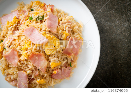 bacon ham fried rice on plate 116874096