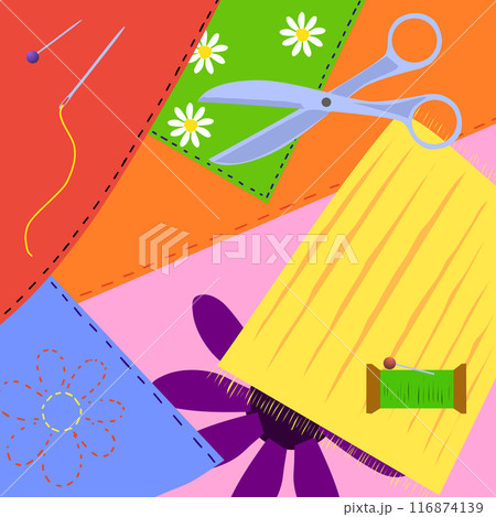 an abstract background made of patches of fabric embroidery and other attributes of needlework sewing and embroidery. warm colors of fabric cuts and several objects. scissors needles and threads for an abstract background made of patches of fabric embroidery and other attributes of needlework sewing and embroidery. warm colors of fabric cuts and several objects. scissors needles and threads for 116874139