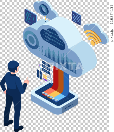 Isometric Businessman Using a Cloud-Based Software for Data Analysis 116874155
