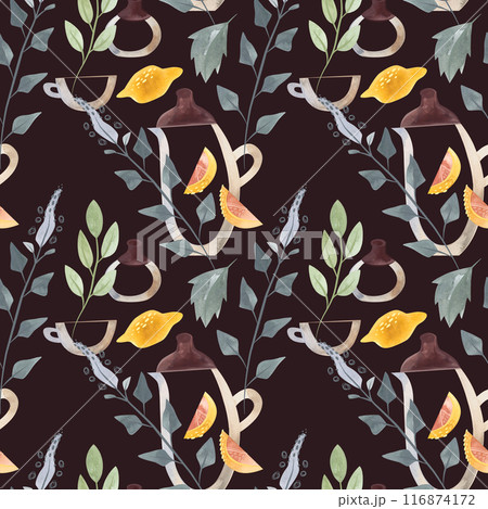 Herb tea. Melissa, mint, glassware, leaves and lemon slices. Seamless watercolor pattern for fabric, wallpaper, wrapping paper, packaging cosmetics, tablecloths, curtains and home textiles. Herb tea. Melissa, mint, glassware, leaves and lemon slices. Seamless watercolor pattern for fabric, wallpaper, wrapping paper, packaging cosmetics, tablecloths, curtains and home textiles. 116874172