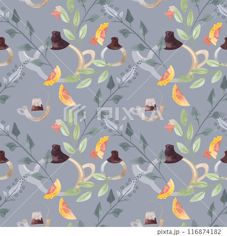 Herb tea. Melissa, mint, glassware, leaves and lemon slices. Seamless watercolor pattern for fabric, wallpaper, wrapping paper, packaging cosmetics, tablecloths, curtains and home textiles. Herb tea. Melissa, mint, glassware, leaves and lemon slices. Seamless watercolor pattern for fabric, wallpaper, wrapping paper, packaging cosmetics, tablecloths, curtains and home textiles. 116874182