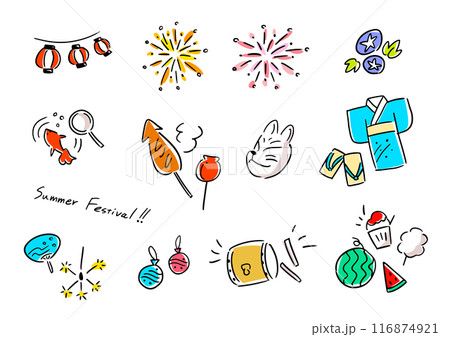 夏祭りの手描きアイコンセット 116874921