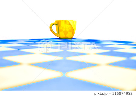 Yellow gold cup on white blue chess board and blue navy abstract background 116874952