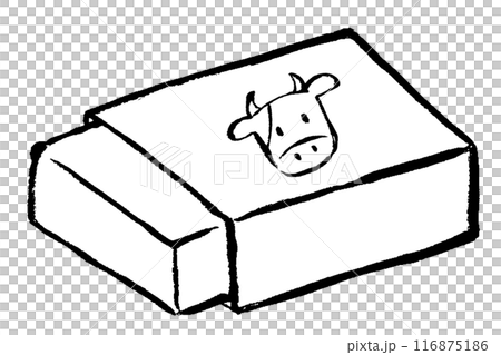 盒子裡奶油的單色線條畫插圖，上面畫著一頭刷漆的牛 116875186