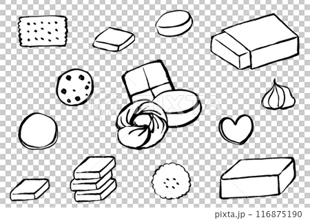 Set of monochrome line drawings of cookies and butter drawn with a brush Set of monochrome line drawings of cookies and butter drawn with a brush 116875190