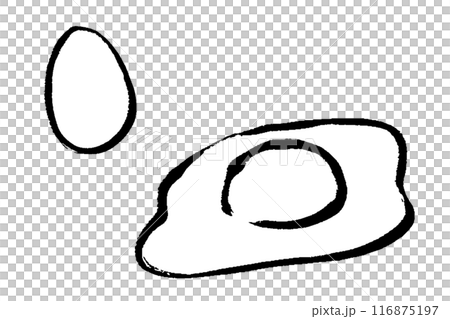 Set of monochrome line drawings of eggs and fried eggs with brush strokes Set of monochrome line drawings of eggs and fried eggs with brush strokes 116875197